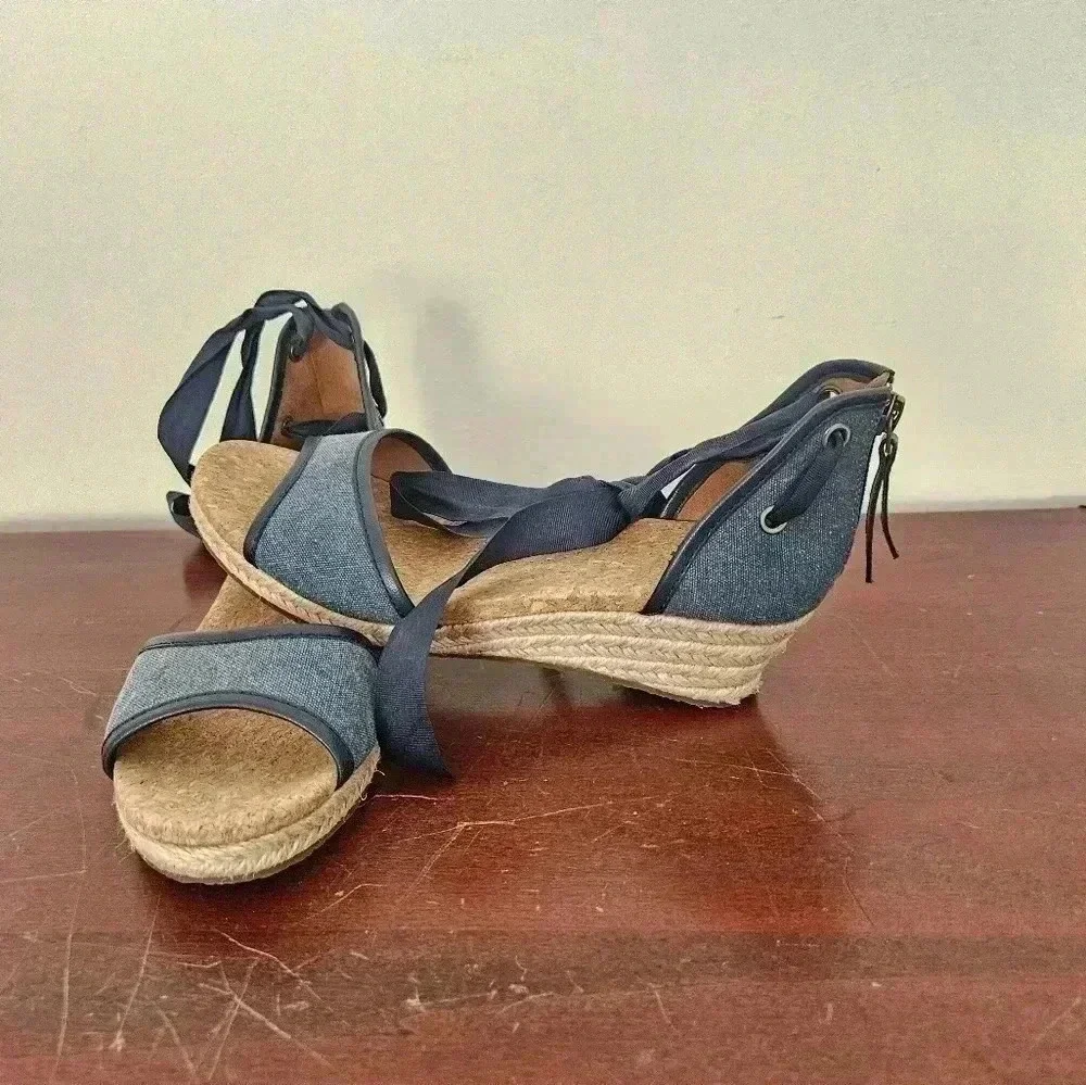 UGG AMELL MARINO BLUE COLOR ANKLE WRAP STRAPPY WEDGE SIZE 6.5 US